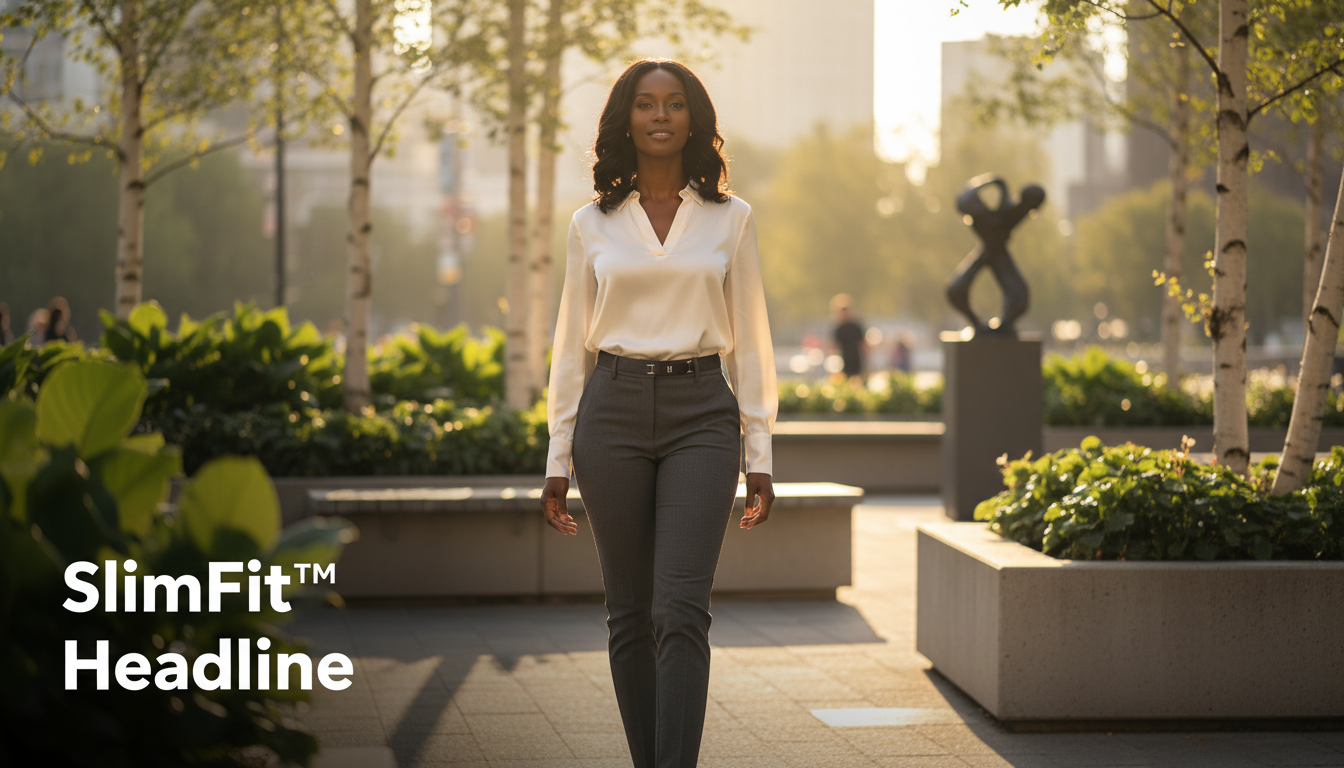 Model in their 30s confidently walking through an urban park at golden hour, wearing a visible SlimFit
™ Lock-Free Belt with 