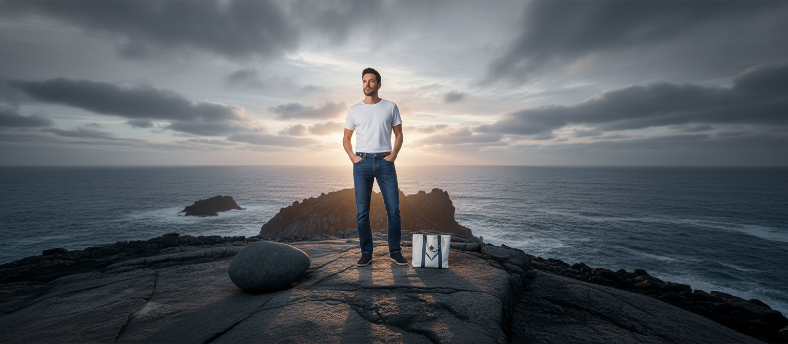 Person wearing a SlimFit Lock-Free Belt, standing on a coastal cliff overlooking the ocean at sunrise.