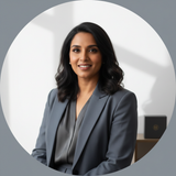 Circular portrait of Maya Patel, a South Asian woman, smiling confidently against a clean white background.